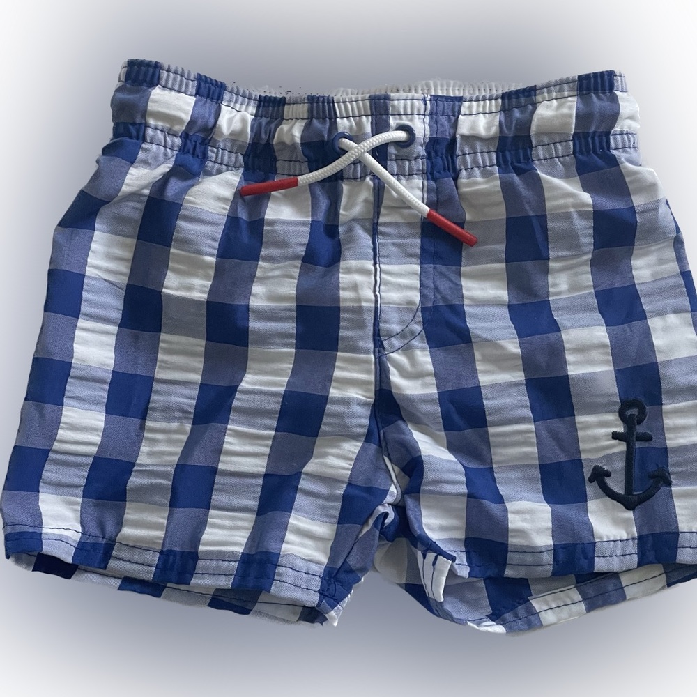 Cat & Jack 18 Month Blue and White Checkered Swim Trunks w Anchor Detail